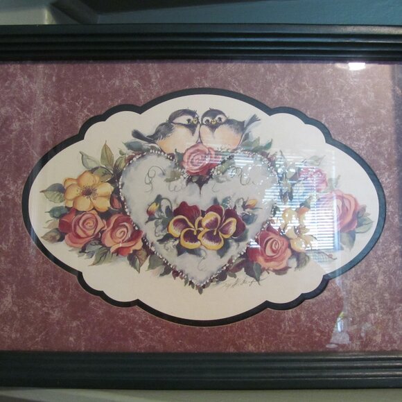 Vtg Home Interiors Joy Alldredge Picture - Chickadees, Heart, Flowers 19 x 13 - Picture 2 of 15
